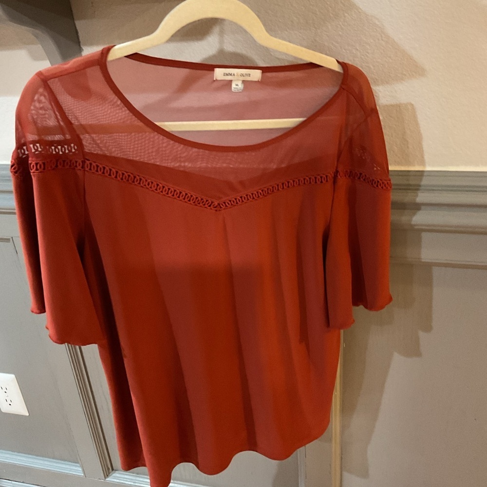 Emma & Olive Rust Mesh Yoke Flutter Sleeve Top